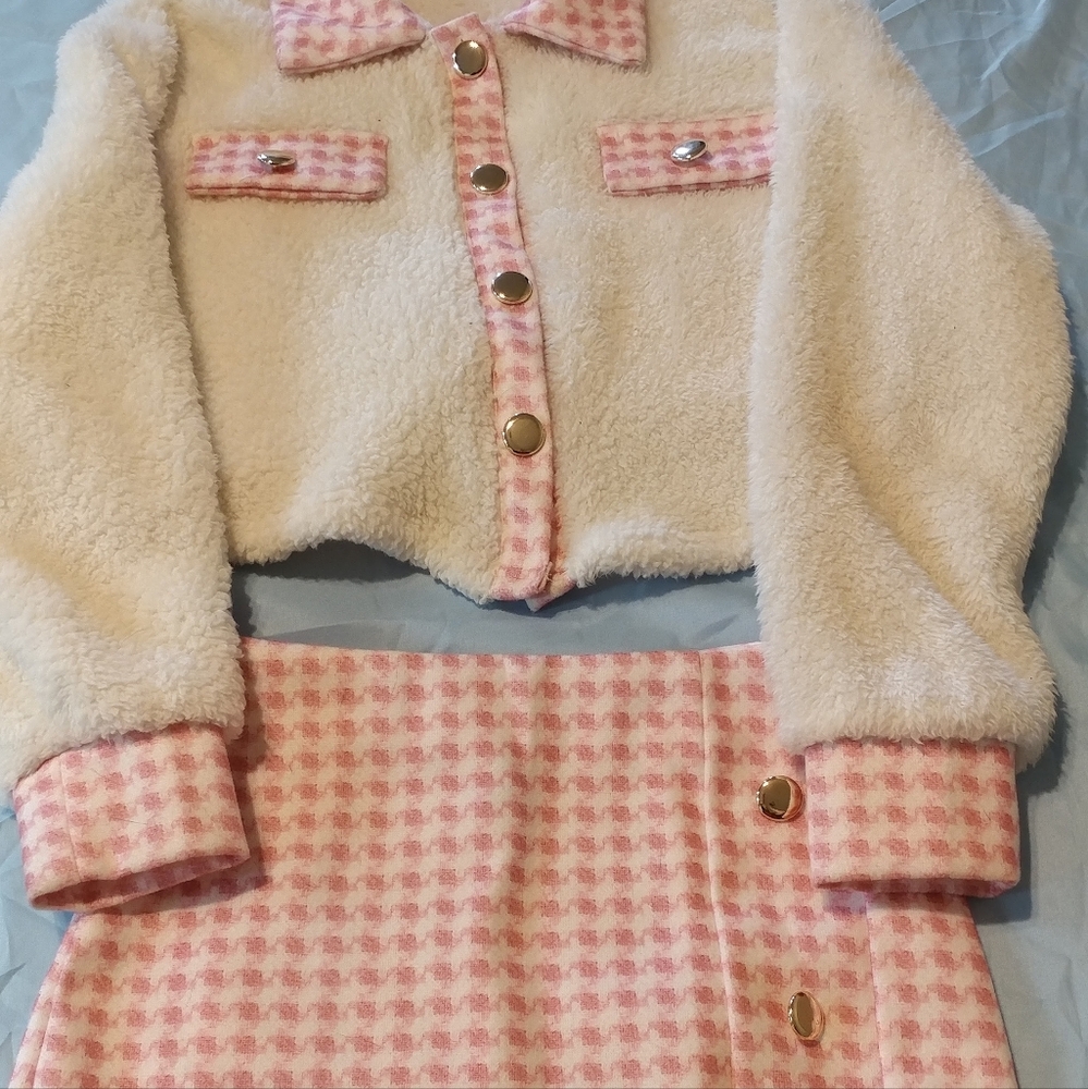 Shein Fluffy Frenchy Pink Plaid Jacket and Skirt 2 Piece Womens Size Extra Small